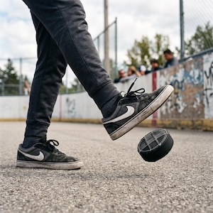 Può includere: Un paio di pantaloni della tuta grigio scuro e scarpe da ginnastica Nike SB nere con baffi bianchi. Una scarpa è a mezz'aria e calcia un oggetto nero, circolare e cucito che ricorda un disco. Le scarpe hanno lacci neri e suole bianche usurate.