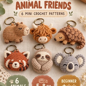 Puede incluir: Seis llaveros de animales tejidos a ganchillo: capibara, vaca highland, pangolín, panda rojo, perezoso y koala. El texto dice POCKET ANIMAL FRIENDS, 6 MINI CROCHET PATTERNS, 6 ANIMALS, 5-8 CM y BEGINNER. Cada llavero incluye una argolla de bronce.