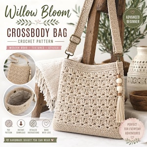 May include: A beige crochet crossbody bag with a star-like textured pattern, an adjustable strap with metal hardware, and a decorative tassel with wooden beads. The bag features a top opening and a fabric-lined interior with a small pocket.