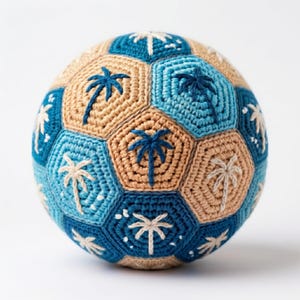 May include: A crocheted ball with a soccer ball design. The ball features a pattern of blue, tan, and white hexagons, each with a palm tree design. The ball is a unique, handmade item.