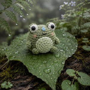 May include: A small, round, olive green crocheted frog plush toy with large black eyes, a light green belly, and a tiny blue triangle detail on its forehead. The frog has small arms and legs and pink stitched cheeks, sitting on a large green leaf.