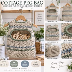 May include: A crochet peg bag pattern titled COTTAGE PEG BAG BEGINNER FUNCTIONAL CROCHET PATTERN. The bag is beige with sage green and blue stripes, featuring a central opening and a wooden hanger. It measures 28 x 32 cm as shown in the text.