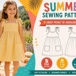 May include: A digital sewing pattern for a Sweet Picnic Tie-Shoulder Dress, featuring a yellow dress with tie straps and two front pockets. The graphic includes technical line drawings of the dress, PDF, size 1-10 years, and A4/A0 printer icons.