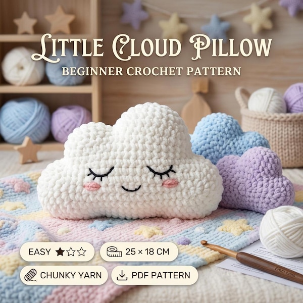 Cloud Pillow Crochet Pattern, Beginner Amigurumi PDF, Sleepy Cloud Cushion, Nursery Decor, 25 x 18 cm