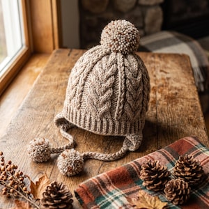 Op de afbeelding: Een beige gebreide muts met een kabelpatroon, een geribbelde boord en drie pompons. Eén grote pompon zit boven op de muts, terwijl twee kleinere pompons zijn bevestigd aan de uiteinden van gevlochten oorflappen aan de zijkanten.