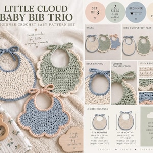 Può includere: Un set di schemi all'uncinetto per bavaglini intitolato Little Cloud Baby Bib Trio, con tre design in crema, verde salvia e blu polvere. Include istruzioni per due taglie, 0-6 mesi e 6-18 mesi, con misure del collo da 24 a 32 cm.