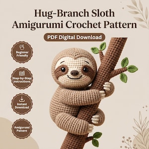 Può includere: Un bradipo amigurumi all'uncinetto aggrappato a un ramo marrone con foglie verdi. Il testo recita: Hug-Branch Sloth Amigurumi Crochet Pattern, PDF Digital Download, Beginner Friendly, Step-by-Step Instructions, Instant Download, Amigurumi Pattern.