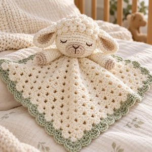 May include: A crochet security blanket featuring a cream-colored lamb head with closed eyes and a stitched nose. The blanket body is made of a cream-colored granny square pattern with a scalloped sage green border edge and small lamb paws.