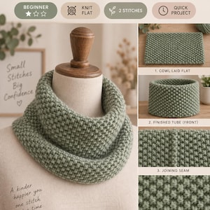 Peut inclure: Un col tricoté vert sauge avec un motif texturé en point de riz. L'image contient le texte : LITTLE SEED STITCH COWL, EASY FIRST KNITTING PATTERN, BEGINNER, KNIT FLAT, 2 STITCHES, QUICK PROJECT, COWL LAID FLAT, FINISHED TUBE, JOINING SEAM, SEED STITCH.