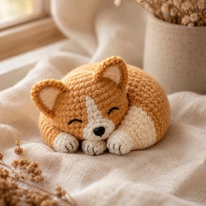 Puede incluir: Un peluche tejido a ganchillo con forma de perro corgi durmiendo. El juguete presenta hilo de color marrón dorado y crema, con una franja blanca en la cara, orejas puntiagudas y una pequeña nariz negra. Los ojos están cerrados con costuras negras.