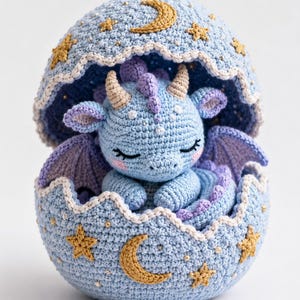 May include: A light blue crocheted dragon toy resting inside a matching light blue crocheted egg shell. The egg is decorated with gold-colored crescent moons and stars. The dragon has purple wings, small horns, and closed eyes with pink cheeks.
