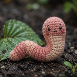 May include: A small, handmade crochet worm toy featuring a soft pink and cream-colored yarn body. The worm has a rounded head with two small black bead eyes, a tiny embroidered mouth, and pink blush accents on its cheeks, with a segmented body.