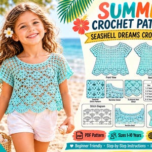 May include: A digital PDF crochet pattern for a Seashell Dreams crochet top, featuring a light blue short-sleeved garment with a scalloped hem. The document includes front and back views, stitch diagrams, and a size chart for ages 1-10 years.