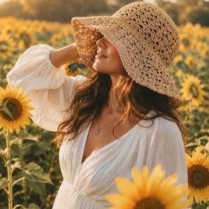 May include: A beige crochet sun hat with a wide, flexible brim and a textured, open-weave pattern. The hat features a rounded crown and is crafted from natural-toned yarn, providing a lightweight and breathable structure for sun protection.