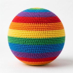 May include: A crocheted ball with a rainbow color scheme. The ball is made of yarn and features horizontal stripes of red, orange, yellow, green, blue, and purple. The ball is round and appears to be handmade.