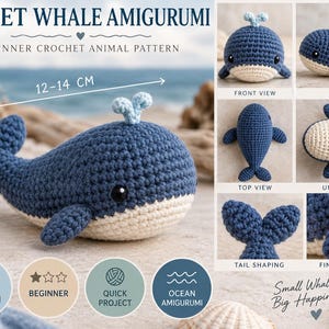 Könnte beinhalten: Eine Häkelanleitung für ein Taschenwal-Amigurumi, bestehend aus einem dunkelblauen und cremefarbenen Wal mit einer kleinen Fontäne. Das Bild zeigt verschiedene Ansichten wie Vorder-, Seiten-, Ober- und Unterseite, mit einer Größe von 12-14 cm.
