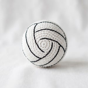 Può includere: Una palla sferica all'uncinetto realizzata in filato bianco, caratterizzata da distinte cuciture in filato nero che imitano il design a pannelli curvi di una pallavolo tradizionale. La trama è uniforme e densa, mostrando gli intricati punti.