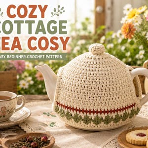 Puede incluir: Una funda de ganchillo para tetera en color crema con un patrón de puntos texturizados y una banda horizontal con detalles geométricos en rojo y verde. El texto COZY COTTAGE TEA COSY EASY BEGINNER CROCHET PATTERN aparece en la esquina superior.