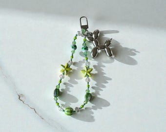 Handmade Ceramic Beaded Keychain with Crystals | Green Star Charm Bag Accessory