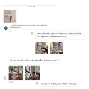 May include: Image showing customer testimonials for cat trees. The text "TESTImeowNIALS" is in pink. Testimonials include positive feedback and photos of cats using the product.