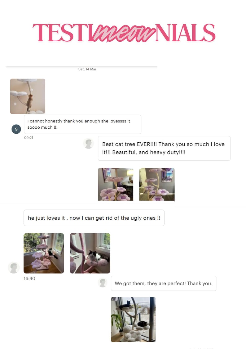 May include: Image showing customer testimonials for cat trees. The text "TESTImeowNIALS" is in pink. Testimonials include positive feedback and photos of cats using the product.