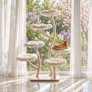 Árvore para gatos com flores modernas: Torre branca para gatos com vários níveis e postes de sisal