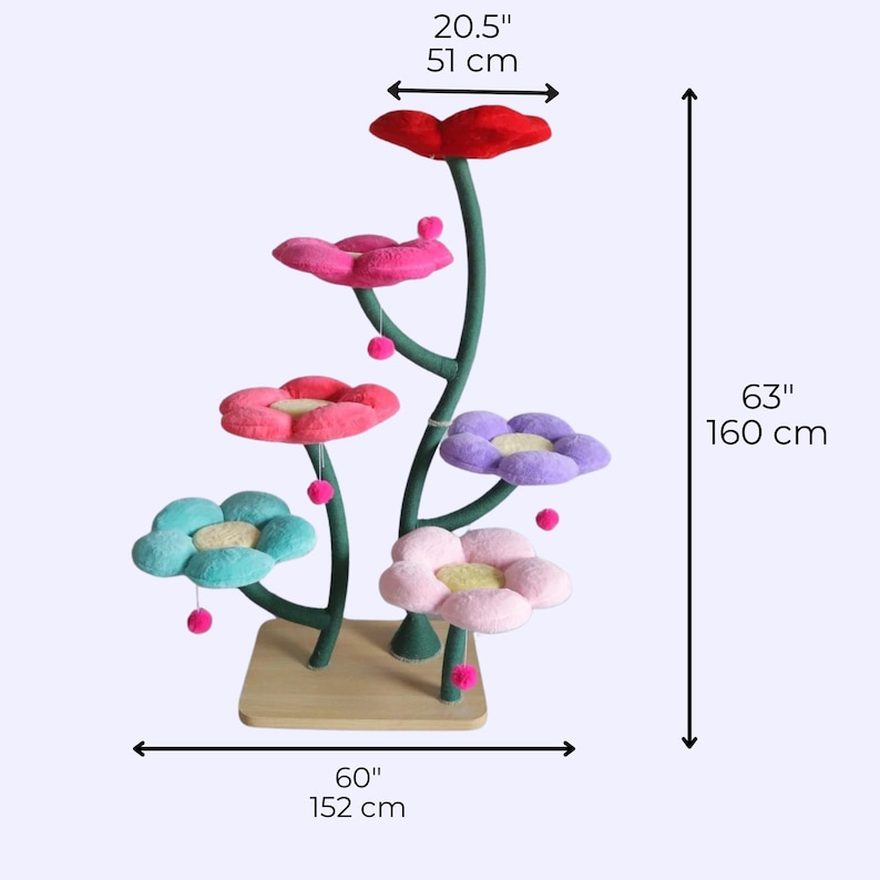 May include: A multi-level cat tree shaped like a flower, featuring six colourful flower-shaped platforms. The tree is 160 cm tall and 152 cm wide, with a top flower that is 51 cm wide. The flowers are red, pink, blue, purple, and light pink.