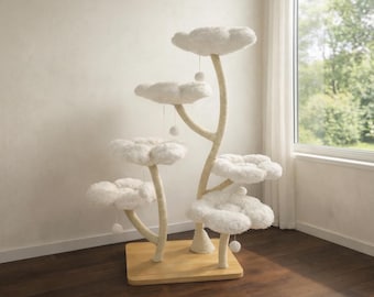 Modern Floral Cat Tree: White Multi-Level Cat Tower with Sisal Posts