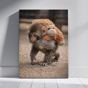 May include: A canvas print featuring a baby monkey carrying a plush toy monkey on its back. The monkey has brown fur and a sad expression. The plush toy is brown and tan. The background is blurred, suggesting an outdoor setting.