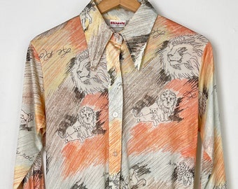 Vtg 70s Lion Slinky Button-Up Shirt Size S