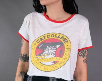 Jaren '70 Vtg Tissue Thin Cat College 50/50 Tee Maat S/M