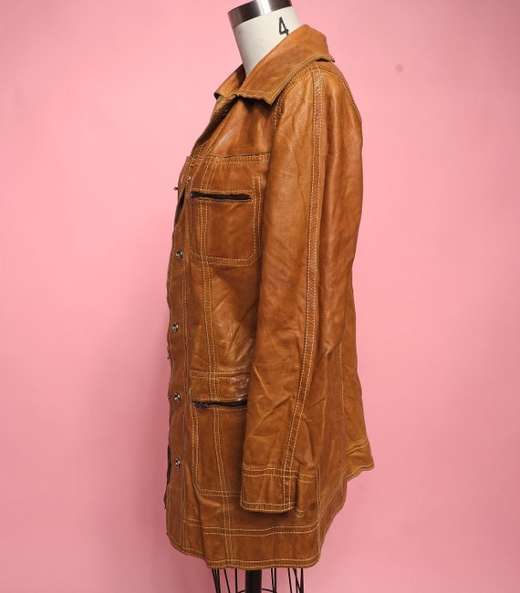 VTG 60S 70S MOD DARK TAN BROWN SPOON DOG EAR COLLAR ZIP LEATHER JACKET COAT 4