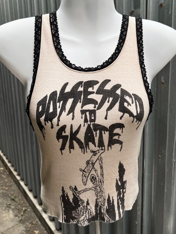 Possessed To Skate Ribbed Knit Lace Trim Tank Siz… - image 1