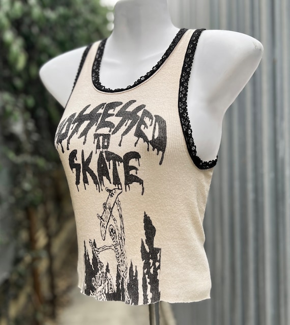 Possessed To Skate Ribbed Knit Lace Trim Tank Siz… - image 2