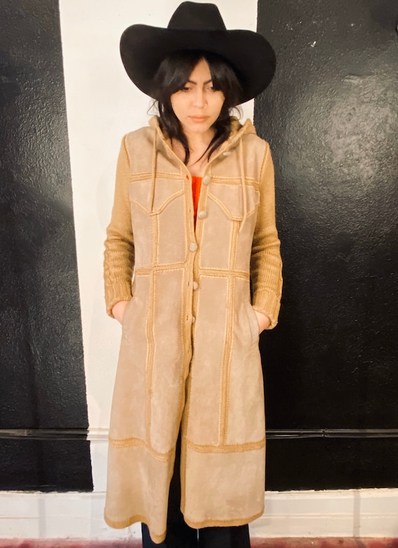70s Suede Knit Calf Length Sweater Jacket