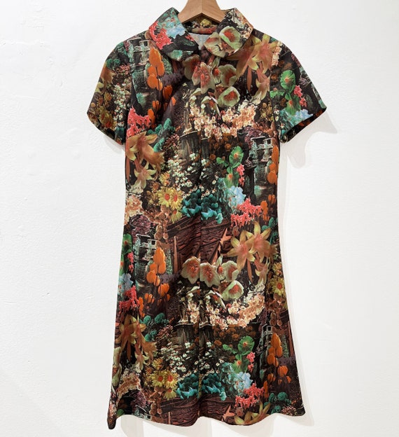 Vtg 60s Floral Gucci-Esque Zip Front Dress Size M