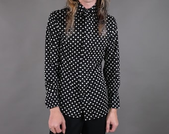 Vtg 70s Black and White Polka Dot Button-Up Shirt Size S