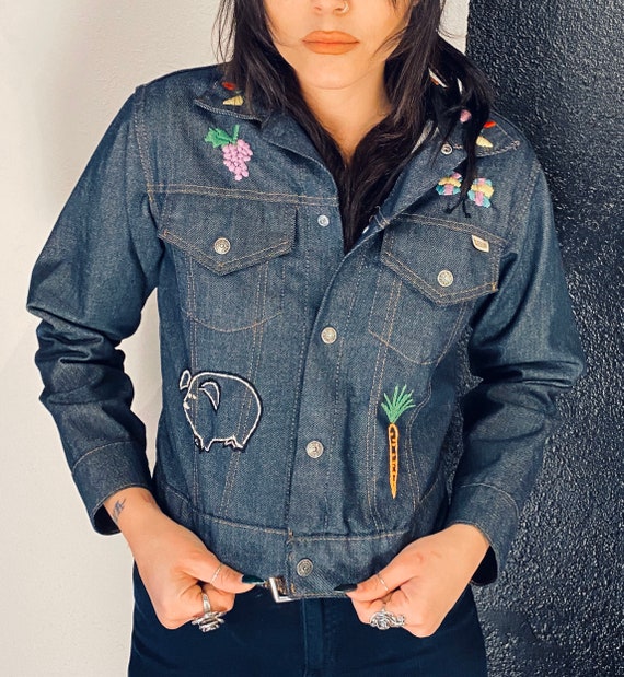 70s Hand Embroidered Denim Jacket S