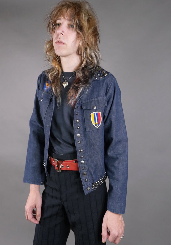 1970s Studded Patched Denim Jacket Size S - image 3