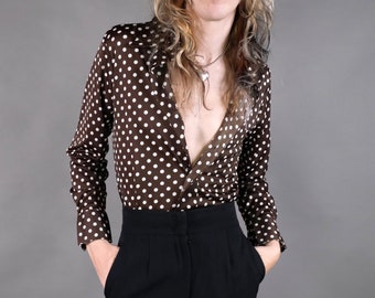 Vtg 70s Brown and White Polka Dot Button-Up Shirt Size S