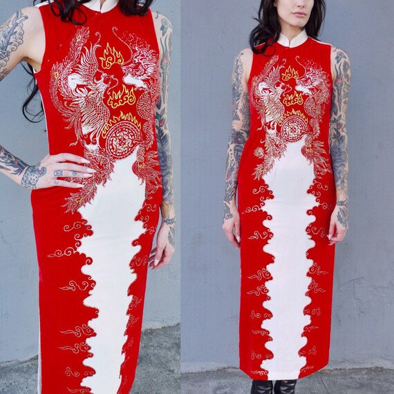Velvet Dragon Embellished Chinese Maxi Dress