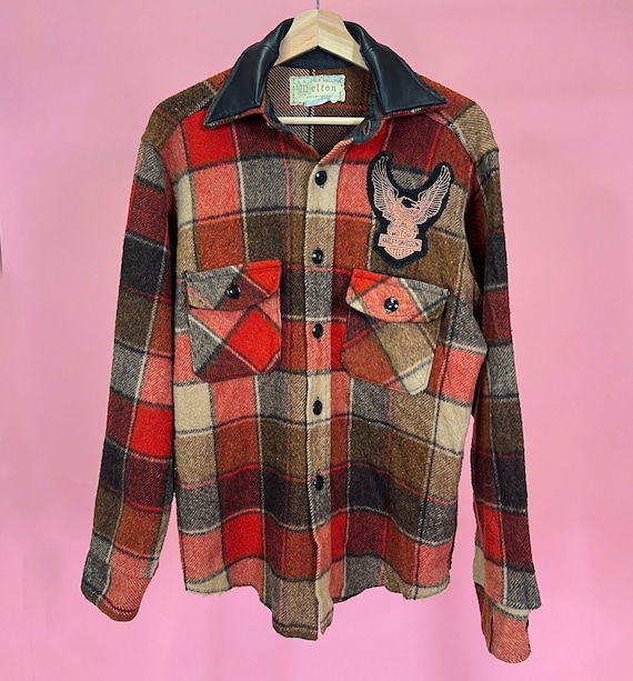 Vtg 60s Plaid Flannel & Leather Jacket Size L