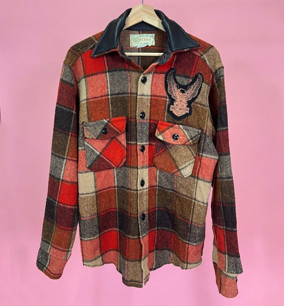 Vtg 60s Plaid Flannel & Leather Jacket Size L