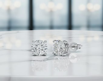 14K Solid Gold Moissanite Stud Earrings | 4-Prong Solitaire