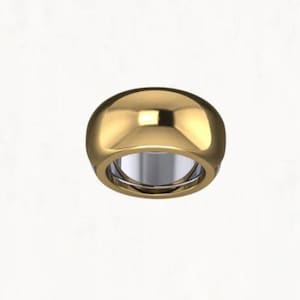 Peut inclure: Une bague dorée avec un dessus arrondi et un intérieur argenté. La surface de la bague est lisse et polie, reflétant la lumière. Le design est simple et moderne, adapté au quotidien.