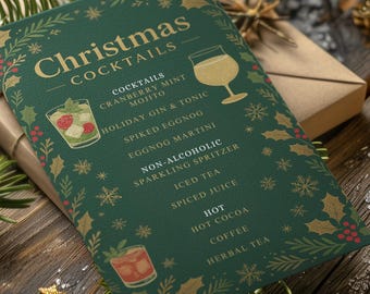Weihnachts-Cocktail-Menü-Vorlage: Festliches Feiertags-Bar-Schild (Canva bearbeitbar, druckbar)