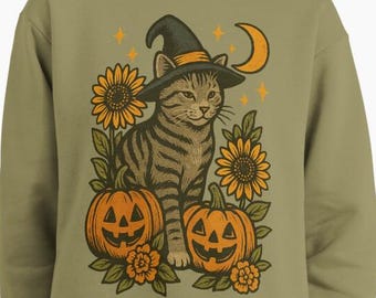 Hexe Katze Halloween PNG | Vintage grau getigert mit Kürbissen & Sonnenblumen | Herbst Digital Download Art