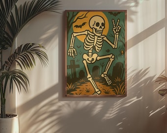 Halloween Tanzendes Skelett Cartoon Poster: Retro Halloween Friedhof Art (Digitaler Download)