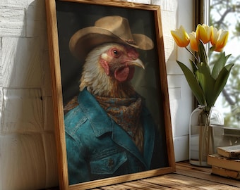Cowboy Huhn Gemälde Poster, Huhn Kunst, Western Dekor Druck, Bauernhaus Druck, Boho Druck, ausdrucksstarke Kunst, südliche Kunst, rustikale Kunst