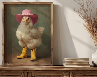 Cowgirl Küken, rustikales Huhn Wandkunst, Bauernhaus Dekor, Geschenk für Tierliebhaber, westliche Kunst, Landleben, westliche Themen, Cowgirl, Huhn